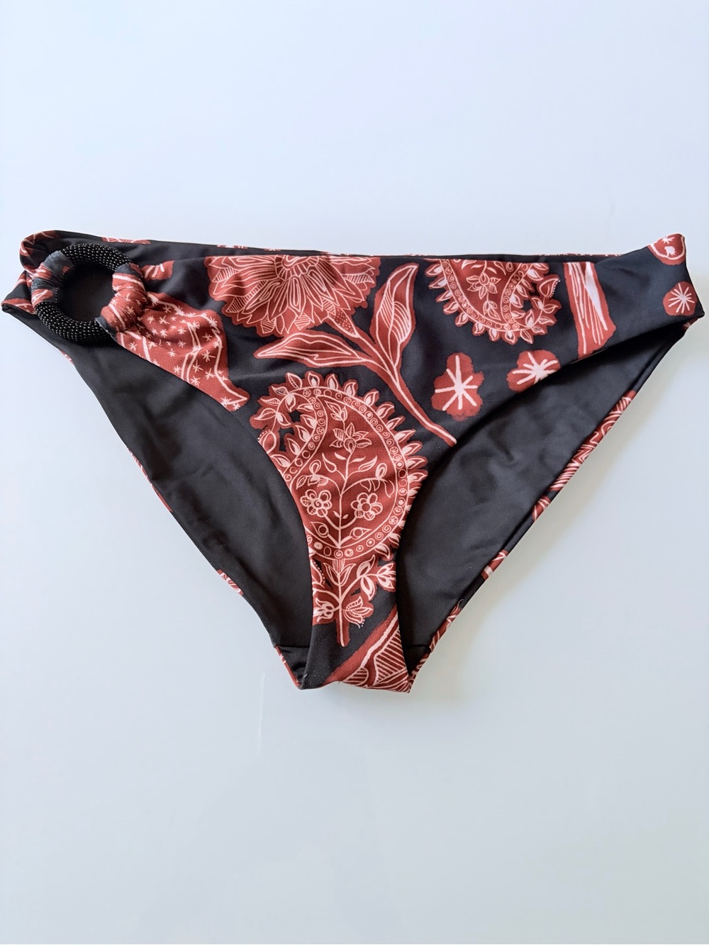 Johanna Ortiz Black Bikini Bottom with Rust Floral Bandana Print Sz S